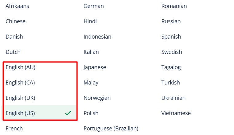 English Dialects Supported