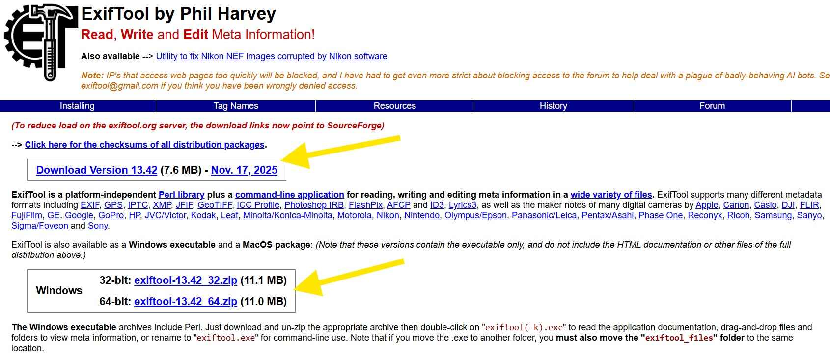 download and install the standalone executable file of ExifTool