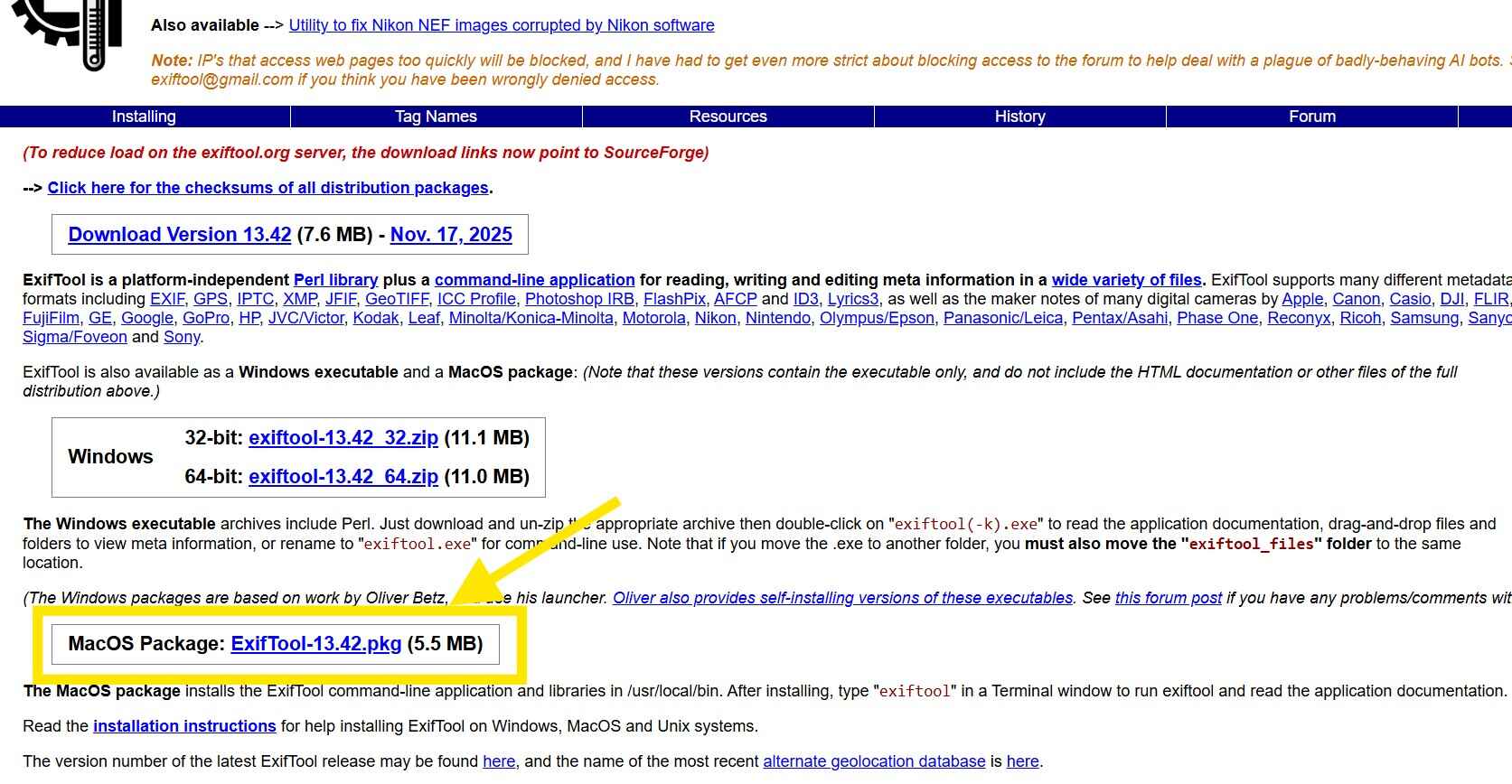 manually download the ExifTool