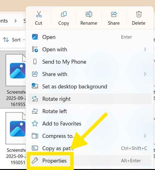 right-clicking on properties